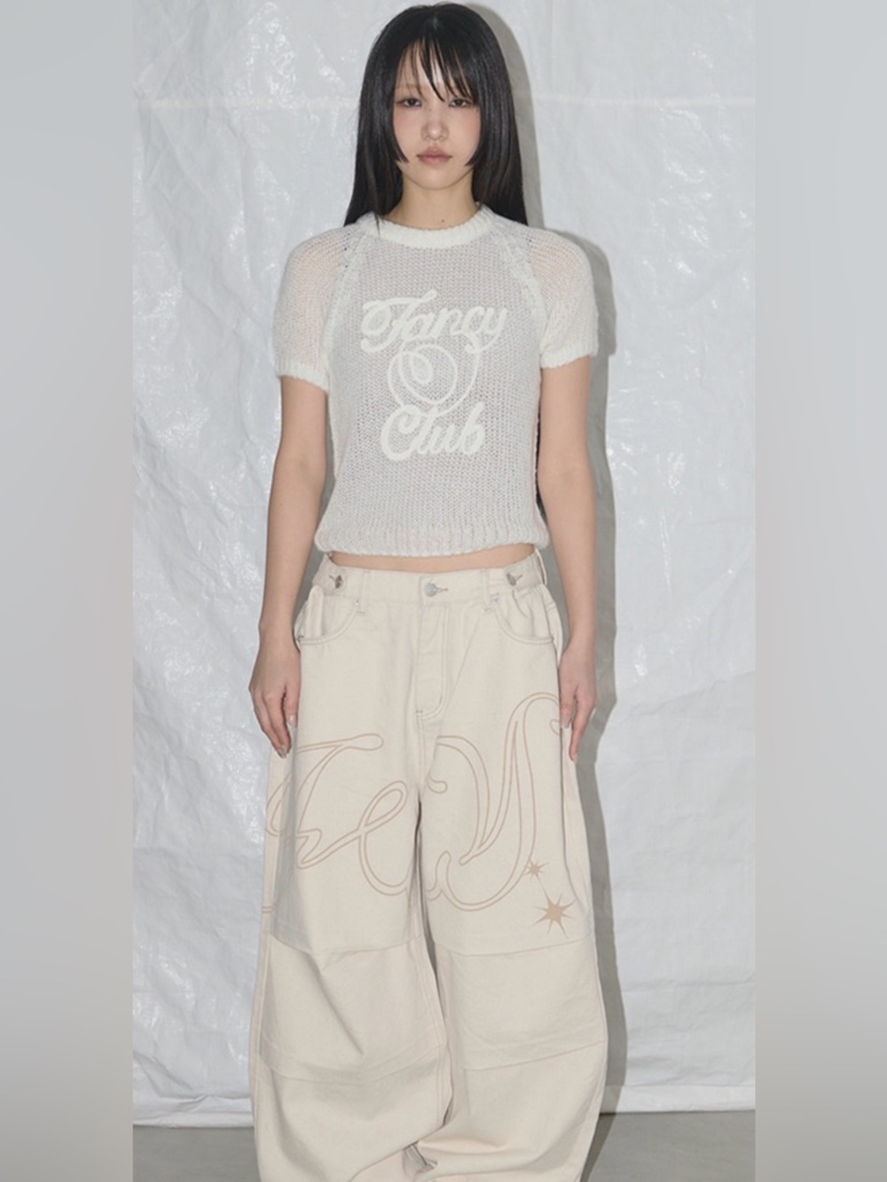 Fancy Club Embroidered Net Knit Top Ivory One Size Raglan Sheer Logo Trendy - Picture 2 of 13